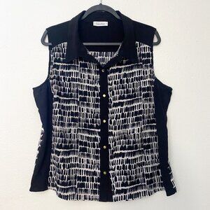 Calvin Klein Sleeveless Button-Down Shirt abstract black and white print